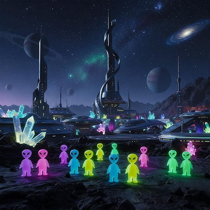 40 Pcs Glow in The Dark Mini Alien Figures Set with Card and Gift Bag for Space Birthday Party Favors Halloween Little Small Tiny Alien Figurines Statue for Hide and Seek (Colorful)