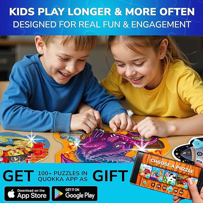 QUOKKA Shimmer Puzzles for Kids Ages 4-6 – 48 Piece Shaped Jigsaw Puzzles for Toddlers 3-5 – 4-Pack Dragon, Rocket, Firetruck & Dinosaur Children's Game Ages 4-8 – Unique Gift Toy for Preschoolers