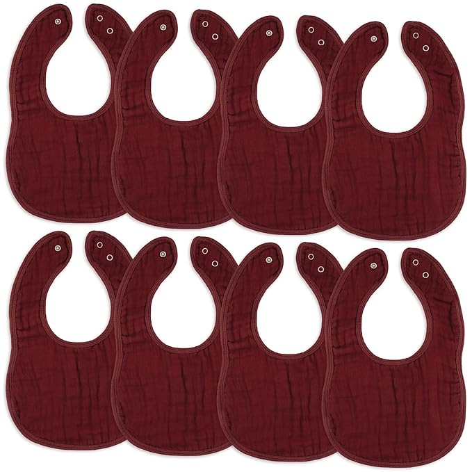 Comfy Cubs Muslin Bibs for Babies, Pack of 8 - Soft and Highly Absorbent, Feeding, Drool and Teething Bib, Adjustable Snaps - Stylish & Colorful Unisex Designs, Giftable Set - Wine