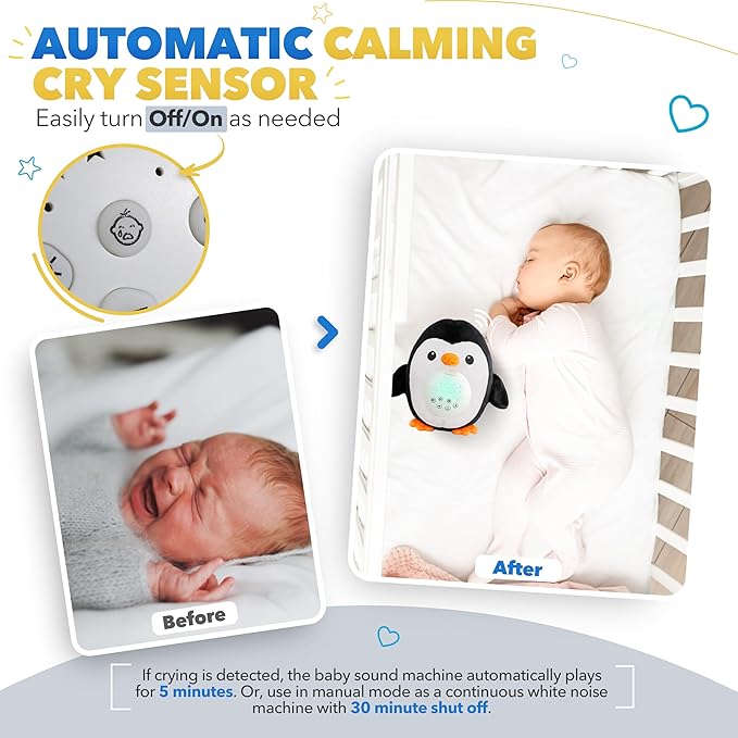 Bubzi Co Sound Machine & Shusher, Portable Penguin Soother & Night Light Projector, White Noise Sleep Aid for Infants & Toddlers