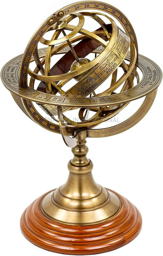 Nagina International Antique Vintage Zodiac Armillary Brass Sphere Globe Wooden Display | Pirate's Antique Ship Decor (Medium, Antique Brass)