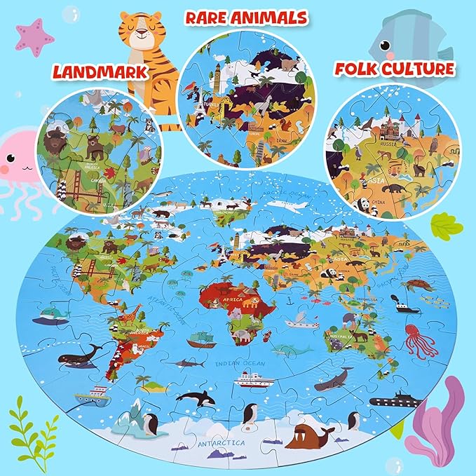 70 Piece World Map Jigsaw Puzzle for Kids 4-8, Large Round Floor Puzzles for Kids Ages Toddler Puzzle Globe Geography Games Educational Toys Birthday for Children (World Map)