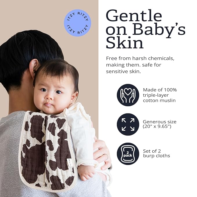 Itzy Ritzy Set of 2 Baby Burp Cloths – Ultra-Soft Absorbent Burping Cloths for Babies - Made of 100% Cotton Muslin and Generously Sized with Trendy Coordinating Prints – Machine Washable (Cow Print)