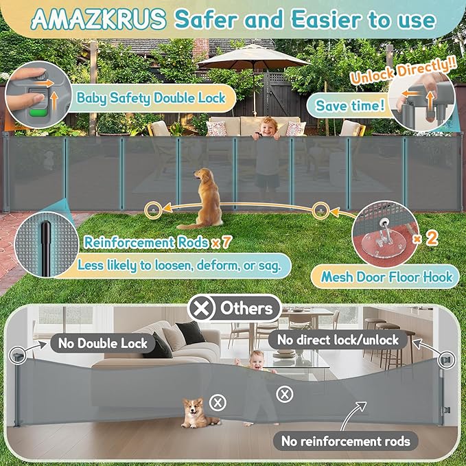 236'' Retractable Baby Gates Extra Wide, 42'' Extra Tall Retractable Dog Gate, 20 FT Grey Indoor/Outdoor Retractable Gate with Reinforcement Rods for Garage, Doorways, Stairs, Decks, Driveway, Patio