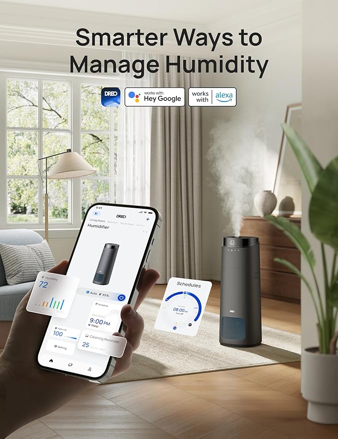 Dreo 16L Smart Humidifier Large Room 1000 ft², 130H Cool Mist Air Humidifiers for Bedroom Plants Baby, Top Fill, Remote/Touch/Voice & APP Control, Self-Cleaning Tank, 30dB, RGB Light, HM755S Grey
