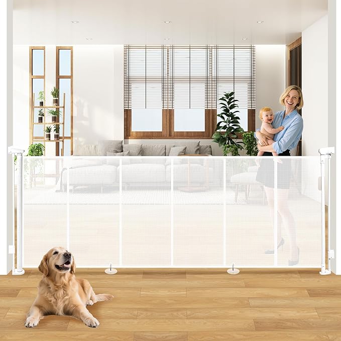120" Extra Wide Retractable Baby Gates Dog Gate, Long Mesh Gate Pet Gate for Large Opening, 34" Extra Tall Child Safety Gate with Reinforced Strips for Stairs Hallways Doorways Deck Indoor Outdoor