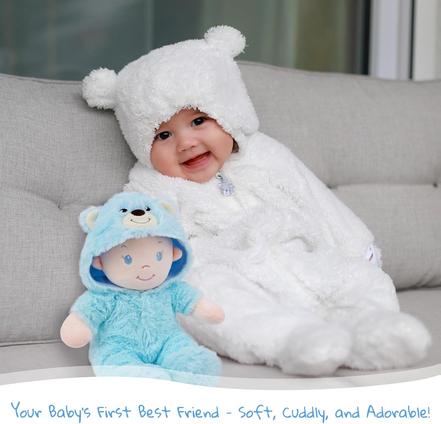 June Garden 12" Sweet Dolly Fuzzy - Stuffed Ultra Soft Baby Bear Doll for Birth and Up - Removable Blue Outfit