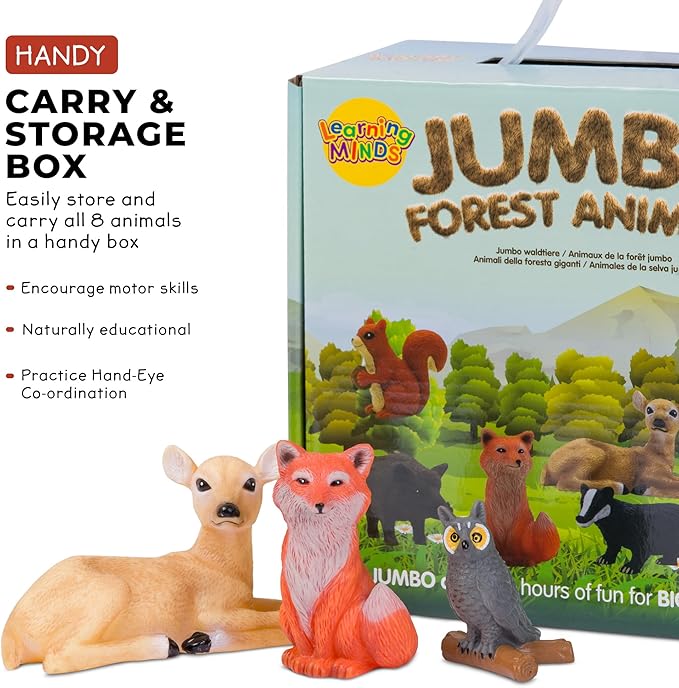 Learning Minds Set of 8 Jumbo Forest Animal Figures - Woodland Animals for Toddlers Age 1-3 - Toy for Kids Age 18 Months Plus - Wild Animal Toys for Kids 1,2,3 Years Old
