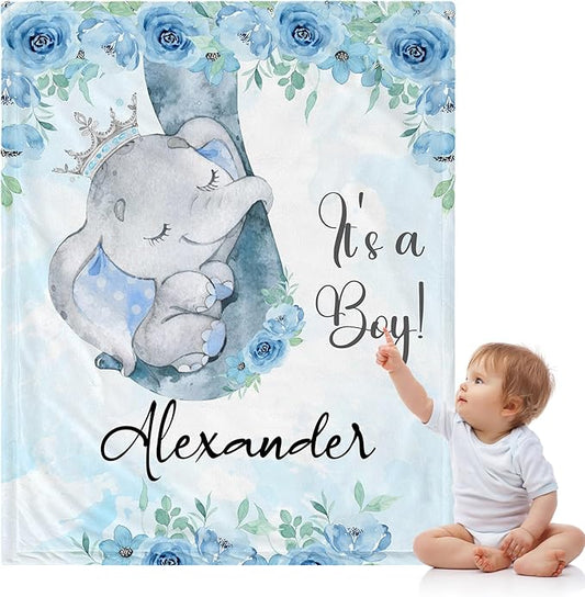 J&SBGFT Personalized Baby Blanket for Boys - Custom Name Receiving Blanket for Toddlers, Kids Nursery, Stroller, Crib Decor Throw - Elephant It's a Boy