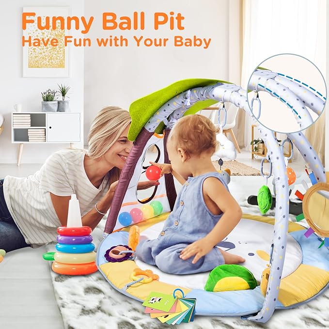 Lupantte Baby Gym Play Mat with 9 Toys for Sensory and Motor Skill Development Language Discovery, Thicker Non-Slip Activity Ball Pit, Green Tree Newborns, Babies to Toddlers as Gift