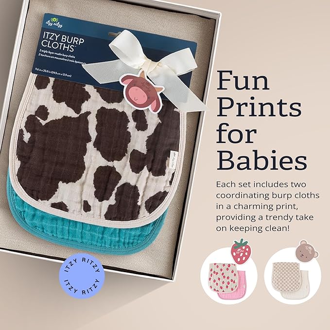 Itzy Ritzy Set of 2 Baby Burp Cloths – Ultra-Soft Absorbent Burping Cloths for Babies - Made of 100% Cotton Muslin and Generously Sized with Trendy Coordinating Prints – Machine Washable (Cow Print)