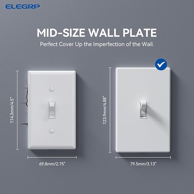 ELEGRP 1-Gang Screwless Toggle Wall Plates, Mid-Size Unbreakable Thermoplastic Faceplate Cover for Toggle Wall Switch & Dimmer Switch, UL Listed (5 Pack, Matte White)