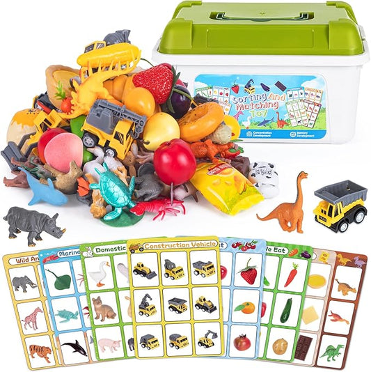 Sorting Toy for Toddlers, Preschool Learning Activities, Animals Dinosaurs Fishes Farm Vehicles Fruits Vegetables Foods Playset, Fine Motor Montessori Games Gifts for Kids 3+