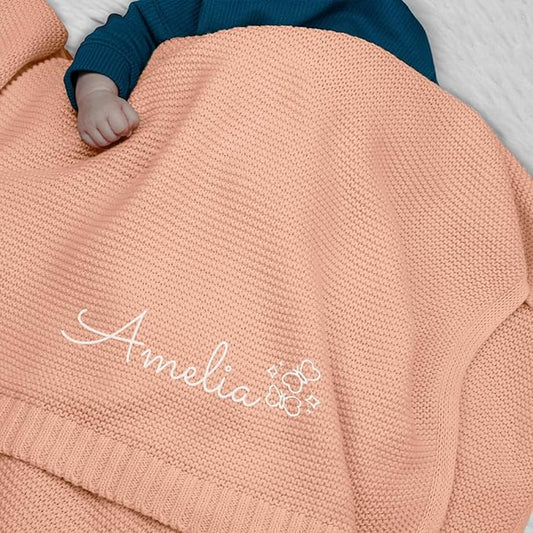 Personalized Baby Blanket, Embroidered Name, 100% Cotton Handmade Custom Blanket, 350GSM Knit Blankets, Newborn Boy Or Girl Baby Gift
