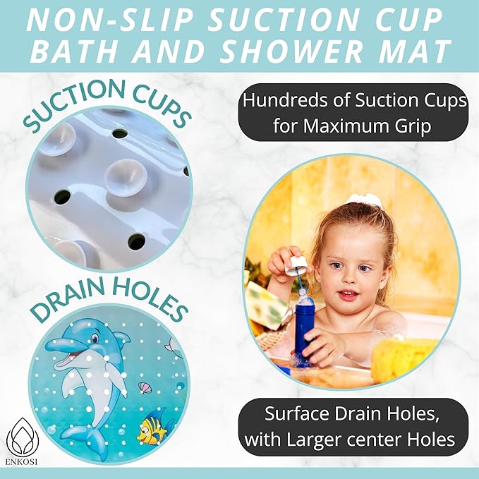 ENKOSI Bath Mat Long 40x16 – Non-Slip Bathtub Mat with Secure Suction Cups & Drain Holes with Fun Dolphin Design - Bathroom Shower Mat for Tub for Kids and Toddlers (Bath Dolphin)