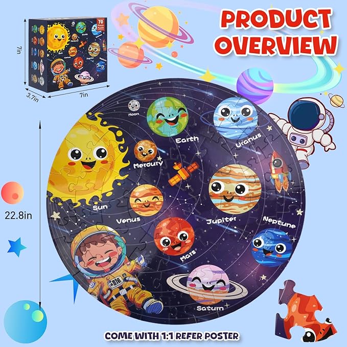 Floor Puzzle for Kids Ages 5-8 with Solar System Planets 70 Piece Globe Space Planets Large Floor Puzzle for Kids, Planet Round Large Puzzle for Toddlers, Geography Educational Toys for Boys&Girls