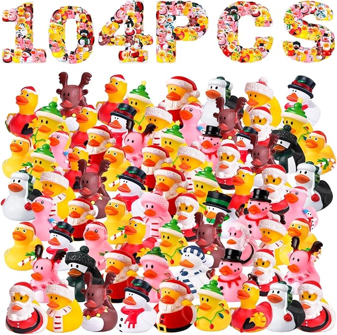 52Pcs Christmas Rubber Ducks in Bulk, Assortment Christmas Rubber Ducks for Jeeps,Xmas Theme Party Favors Decor Gifts for Christmas Stocking Stuffers,Shower Pool,Classroom Gift Exchange (52)