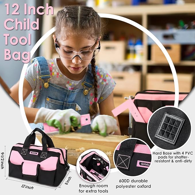 SHALL 26-Piece Kids Size Tool Set, Pink Real Tools for Kids with 12" Tool Bag, Safety Certified Children Learning Tool Kit with Hand Tools for Boys & Girls Age 6+, DIY Building, Woodwork, Construction