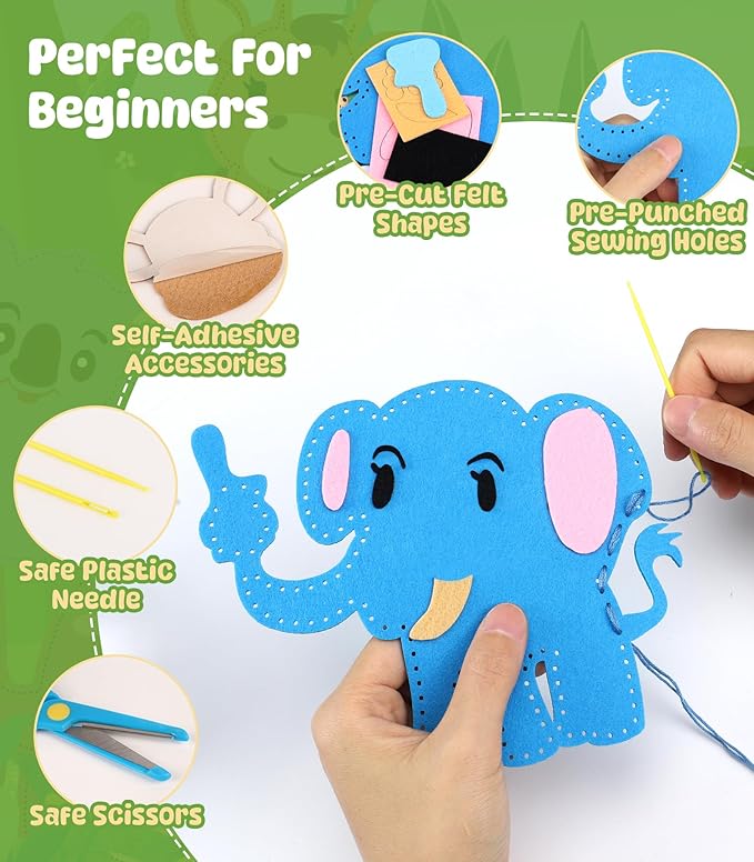 YEETIN Sewing Kit for Kids Ages 6+, Beginner Felt Sewing Craft Kit, DIY Jungle Stuffed Animals Making Set, Learn to Sew Gifts for Birthday
