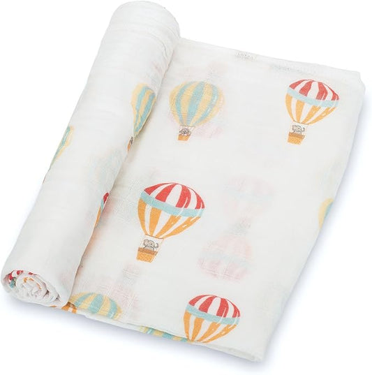 LollyBanks Baby Swaddle Blanket, 100% Cotton Muslin Blankets for Boys and Girls, 47 x 47 Inches Soft and Breathable Newborn Swaddle, Gentle Baby Wrap Swaddle, Registry (Hot Air Balloons Print)