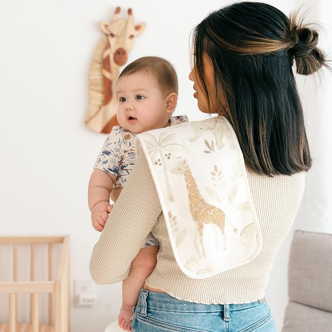 Crane Baby Muslin Baby Burp Cloths Set of 3, Safari Animal Print, 100% Cotton, Absorbent, Lightweight, 7"X20", Baby Newborn Essentials, Safari Baby Stuff