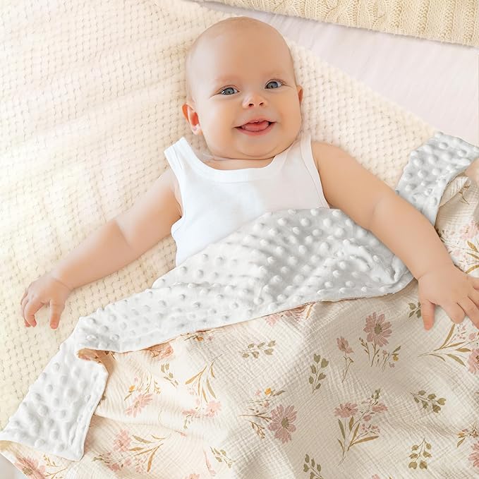 GLLQUEN BABY Blankets for Unisex Newborn Super Soft Nursery Minky Blankets with Muslin Cotton Front and Dotted Fleece Backing, Spring is in The Air, 30 x 40 inches