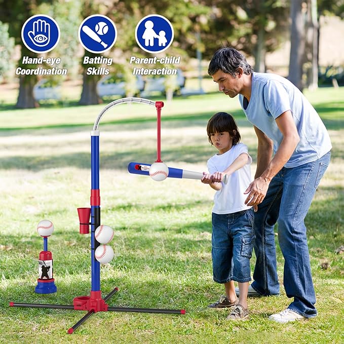 4 in 1 T Ball Sets for Kids 3-5 with Toss and Catch Ball Set, Hanging Tee Stand with Auto Pitching Machine/ 2 Bats, Indoor Outdoor Toys Birthday Baseball Gifts for Toddler Boys Girls, Blue