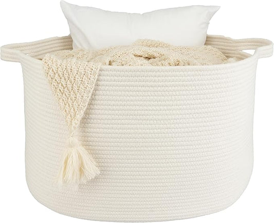 Large Cotton Rope Basket Blankets Basket Living Room 22"x14" Toy Basket for Kids and Dogs Rope Storage Basket for Nursery Woven Laundry Basket for Clothes Towels Baby Toy Storage round white