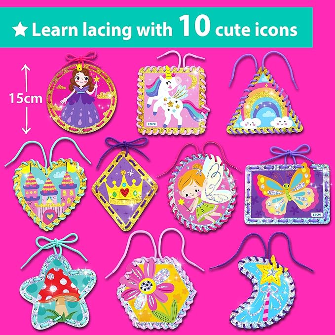 EZCRA Premium Foil Edge Lacing Cards for Kids Ages 3-6 | 10 Double-Sided Unicorn and Fairy Sewing Cards with Multilingual Learning | Durable Cardboard Fine Motor Skills Activity Kit
