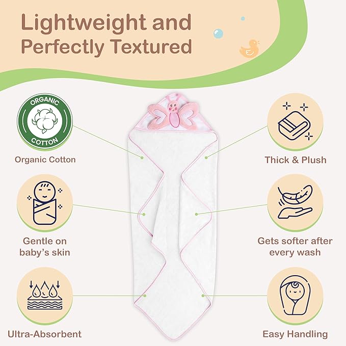 Mother's Choice Baby Hooded Towel - Large Size Cotton, Ultra-Soft & Absorbent Bath Towel for Newborns, Infants, Toddlers, Boys & Girls with Animal Hood (Butterfly)