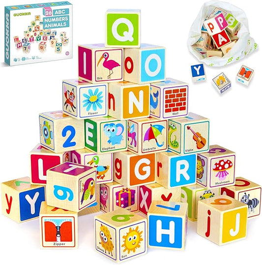 QUOKKA Wooden Puzzles Blocks for Toddlers 1-3 Large - 26 Alphabet & Numbers Baby Blocks for Kids Ages 2-4 Gift Wood Stacking & Building Toys for Learning ABC Letters for Boys and Girls 2-4