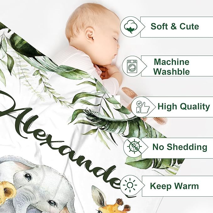 J&SBGFT Personalized Baby Blanket for Boys,Custom Baby Blanket with Name, Customized Name Blanket Receiving Blankets for Toddlers Kids Nursery Stroller Crib Decor Throw,Safari Animal Green
