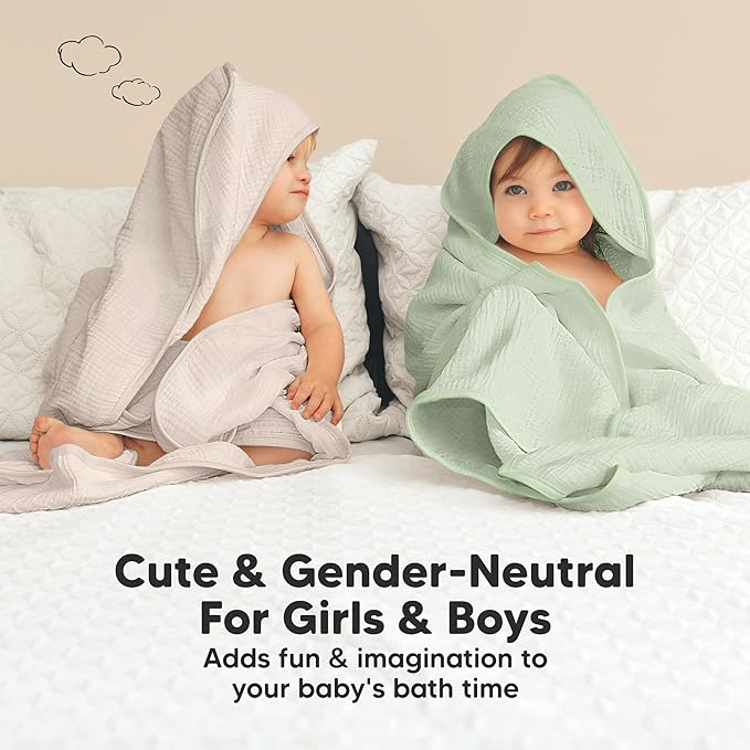 KeaBabies Muslin Hooded Baby Towels for Newborn Girls, Boys - 2-Pack, 30x30 Organic Cotton Baby Bath Towels Hooded, Soft Absorbent, Toddlers, Kids, Infant, Newborn Bath Essentials (Sage, Petite)