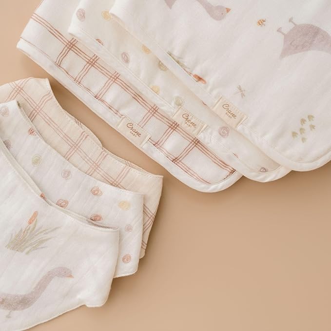 Crane Baby Burp Cloth Set, 3-pc. Charlie Farmhouse Goose Collection, Soft 100% Cotton Muslin Burping Cloths for Baby Boys &Girls, Newborn Burp Rags, Baby Must Haves for Newborns, Farm Nursery Decor