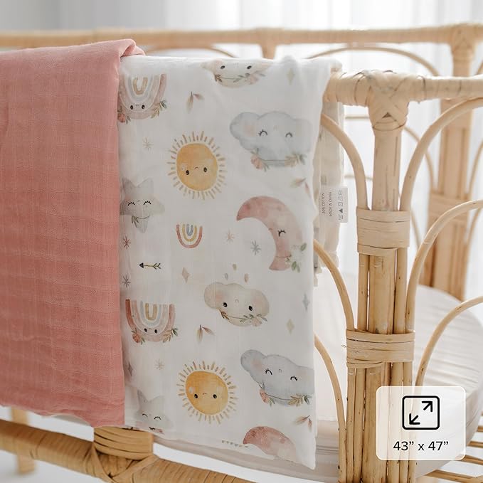 Muslin Swaddle Blankets for Newborns, Bamboo Viscose and Cotton Baby Blanket, Pink and Clouds 2-Pack, Breathable Receiving Blankets for Girls, 47x43