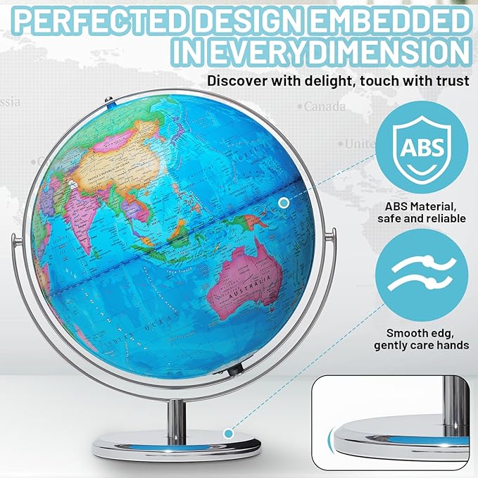 13" Illuminated Globes, 720° Spinning Globe with Touch Switch & Light Up Without Charging & 3 LED Lighting Modes for Classroom Education & Bedroom Decor, Inspire Geography Interest