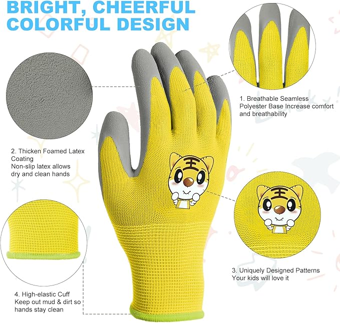 OSDUE Kids Gardening Gloves, 3 Pairs Gardening and DIY Gloves, Non-Slip Breathable Comfortable Safety Kid Suitable for Kids Under 5 Years Old Rubber Palm, Waterproof and Dustproof