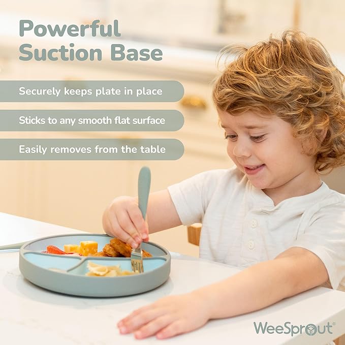 WeeSprout Silicone Suction Plate - Two-Tone Baby Plate with Suction Cup - Sectioned Divided Dish for Kids, Infants, Toddlers - Food-Grade Silicone Dinnerware (Pastel Blue/Matte Navy)