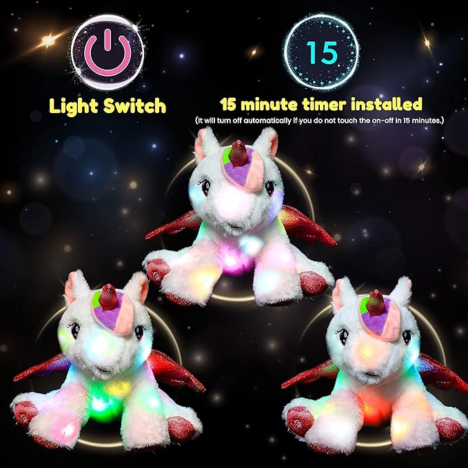 Hopearl Adorable LED Plush Unicorn Lighting Up Cute Stuffed Animal Floppy Night Lights Glow in The Dark Birthday Festival for Kids Toddler Girls, White, 11''