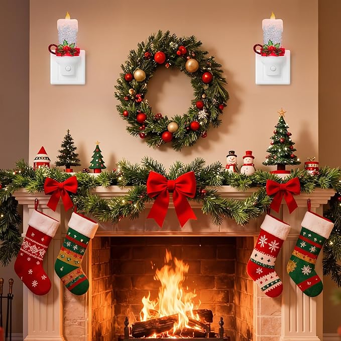 Christmas Candle Night Light Plug into Wall Glitter Water Nightlight with USB/Outlet Options, Christmas Decorative Nightlight for Bedroom Kitchen Nursery Hallway Holiday Decorations Gifts (Candle)