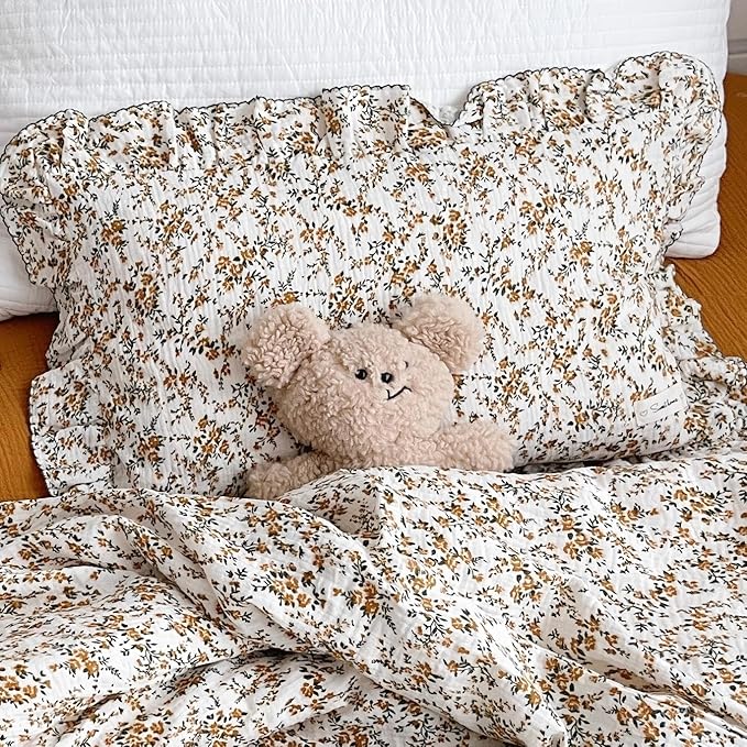 BuLuTu Cotton Muslin Ruffle Edge with Hibiscus Flowers Kids Toddler Pillowcase Soft Travel Pillow Nursery Pillowcase for Boys,Girls,Bedding Decor Machine Washable, Durable Pillowcase,1 Piece,Standard