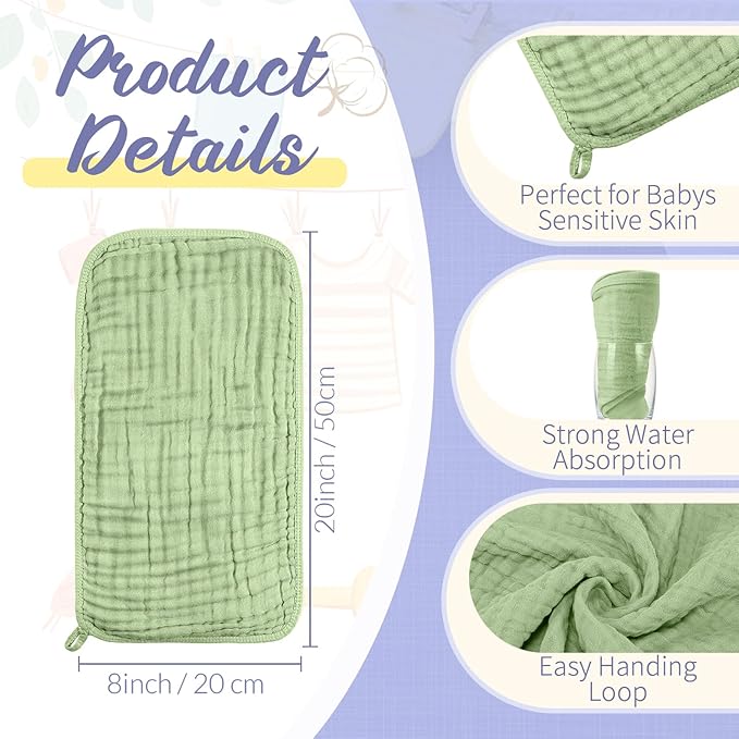 VitalCozy 6 Pcs Baby Muslin Hooded Bath Towels and Washcloths, 32 x 32 Inch Muslin Cotton Hooded Baby Towels Absorbent Blankets for Gift Newborn Infant Shower(Light Blue, Light Green)