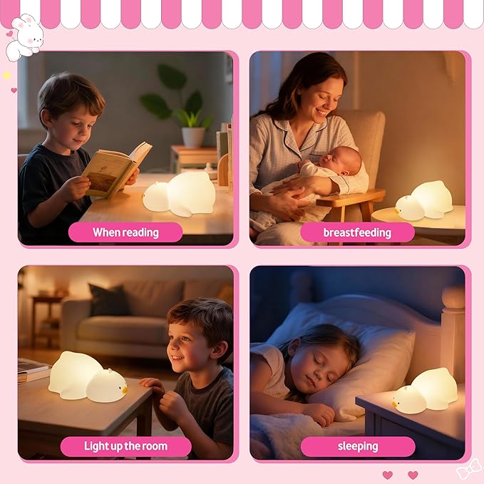Night Light for Kids, Rechargeable Dimmable Silicone LED Nightlight with 7 Colors, Baby Nursery Night Lamp, Touch Squishy Lamp, Cute Gifts for Girls, Boys, Toddler Room Decor, Lying Duck