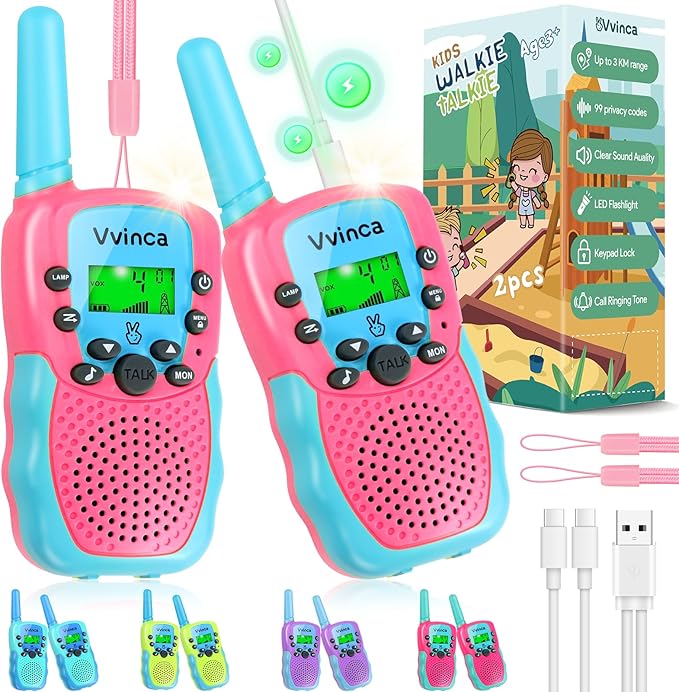 Vvinca Toys for 3-12 Year Old Girls, Rechargeable Walkie Talkies for Kids 22 Channels 2 Way Kids Walkie Talkie with Flashlight for Camping Hiking Indoor Outdoor 3 4 5 6-12 Boy Girl Birthday Gifts Pink
