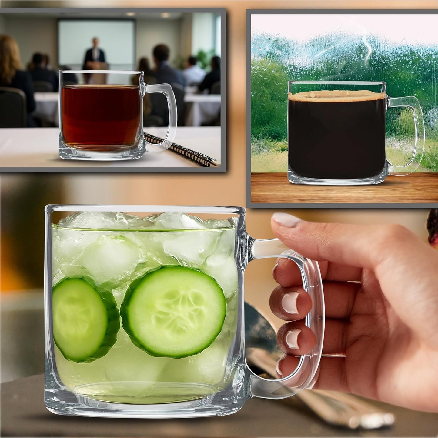 DISCOUNT PROMOS Small Glass Coffee Mugs 9 oz. Set of 10, Bulk Pack - Perfect for Coffee, Tea, Espresso, Hot Cocoa, Other Beverages - Clear