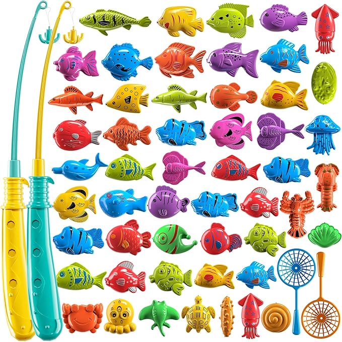 TEMI Fishing Toy Game for Kids 3 4 5 6 7 8 Years Old, 51 Fish Bath Playset for Toddlers, Toy Magnetic Rod and Fishing Net, Outdoor Water Toys for Kids Age 3-5, Party for Boy and Girl