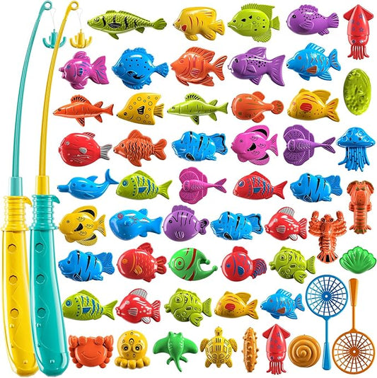 TEMI Fishing Toy Game for Kids 3 4 5 6 7 8 Years Old, 51 Fish Bath Playset for Toddlers, Toy Magnetic Rod and Fishing Net, Outdoor Water Toys for Kids Age 3-5, Party for Boy and Girl
