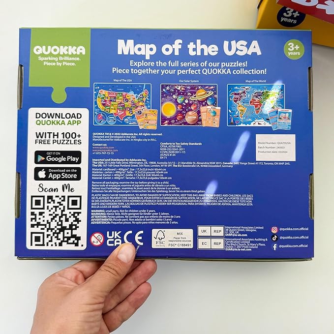 QUOKKA United States Puzzles for Kids Ages 4-6 - 70 Pcs Floor Puzzles for Kids Ages 6-8 Preschool Activities - Includes 50 Cards with 400+ USA Facts- State-Shaped Jigsaw Puzzle Gift for Girls Boys