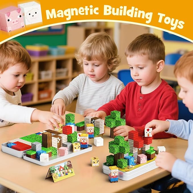 Mini Magnetic Blocks Farm Animals - 35 PCS Travel Magnet Building Blocks for Toddlers - STEM Educational Magnet Toys with Portable Iron Box for Kids Ages 3-8 Years Old Boys & Girls