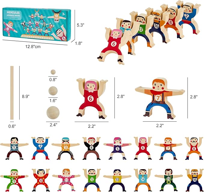 Wooden Stacking Toys,16Pcs Circus Hercules Acrobatic Troupe Interlock Toy,Balancing Building Blocks Game Toddler Puzzle Toys,for 3 4 5 6 Years Old Kids Adults